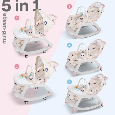 Baybee 5 in 1 Baby Rocker and Booster Seat for Babies with Multi Position Recline | Rocking Chair for Kids with Hanging Toys, Music | Baby Dining Seat for 0 to 2 Years Boys Girls (Pink)