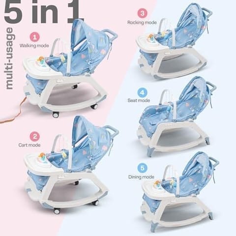 Baybee 5 in 1 Baby Rocker and Booster Seat for Babies with Multi Position Recline | Rocking Chair for Kids with Hanging Toys, Music | Baby Dining Seat for 0 to 2 Years Boys Girls (Blue)