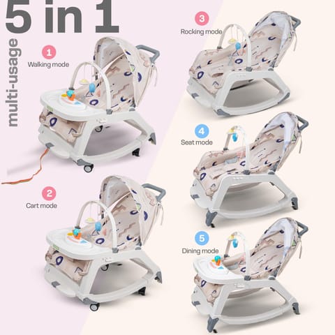 Baybee 5 in 1 Baby Rocker and Booster Seat for Babies with Multi Position Recline | Rocking Chair for Kids with Hanging Toys, Music | Baby Dining Seat for 0 to 2 Years Boys Girls (Grey)