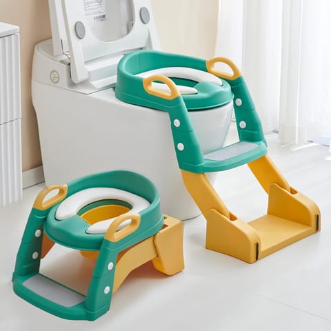 Baybee Vega 3 In 1 Western Toilet Potty Seat for Kids -  Baby Potty Training Seat Chair with Splash Guard -  Handle -  Ladder & Cushion Seat (Green)