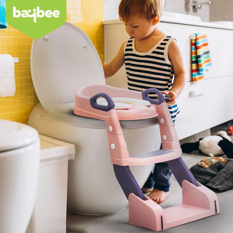 Baybee Vega 3 In 1 Western Toilet Potty Seat for Kids -  Baby Potty Training Seat Chair with Splash Guard -  Handle -  Ladder & Cushion Seat (Pink)