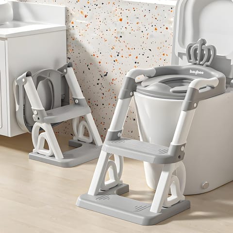 Baybee Crown Western Toilet Potty Seat for Kids -  Baby Potty Training Seat Chair with Ladder -  Adjustable Step Height -  Cushion Seat -  Toddler Potty Seat for Toilet (Grey)