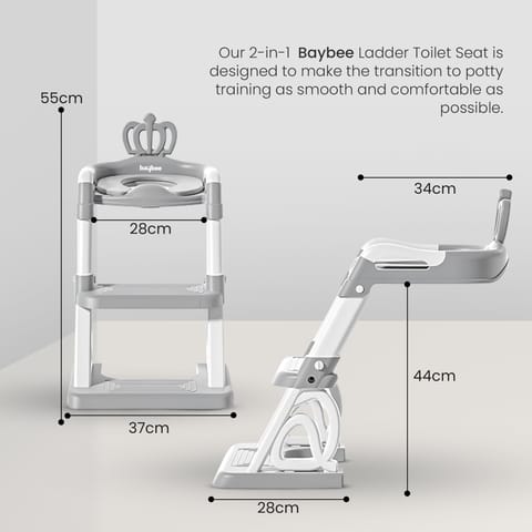 Baybee Crown Western Toilet Potty Seat for Kids -  Baby Potty Training Seat Chair with Ladder -  Adjustable Step Height -  Cushion Seat -  Toddler Potty Seat for Toilet (Grey)