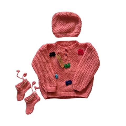 Nani dadi creation Handknitted Self-Design Sweater with Cap & Boots for Girls | 1-2 Years | Multicolor Patches |