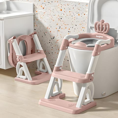 Baybee Crown Western Toilet Potty Seat for Kids -  Baby Potty Training Seat Chair with Ladder -  Adjustable Step Height -  Cushion Seat -  Toddler Potty Seat for Toilet (Pink)