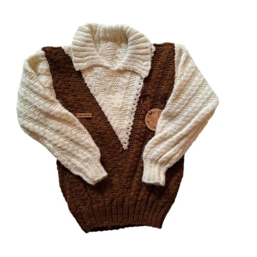 Nani dadi creation 3-4 year. Unisex. 970rs. Handknitted brown and off white. Collar neck