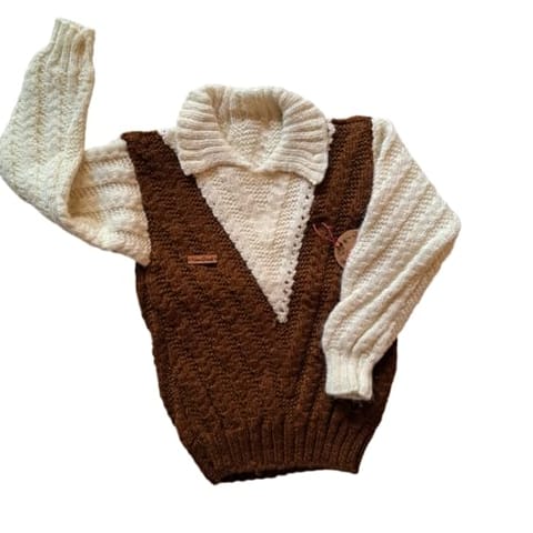 Nani dadi creation 3-4 year. Unisex. 970rs. Handknitted brown and off white. Collar neck