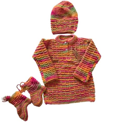 Nani dadi creation Multicolor Woolen Set for 4-Year-Olds | Unisex Sweater with Cap and Boots | Handknitted |