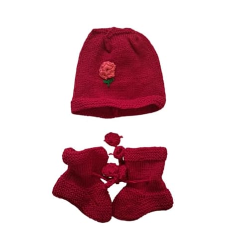 Nani dadi creation Red Woolen Set for 1-Year-Old Girls | With Cap and Booties | Multicolor Patches | Round Neck, Button Closure