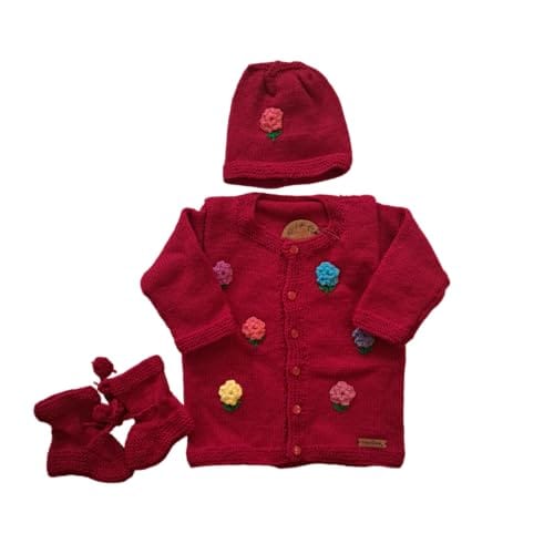 Nani dadi creation Red Woolen Set for 1-Year-Old Girls | With Cap and Booties | Multicolor Patches | Round Neck, Button Closure