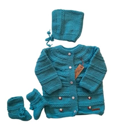 Nani dadi creation Handknitted Woolen Set for Girls (6-12 Months) | Sky Blue with Cap and Booties