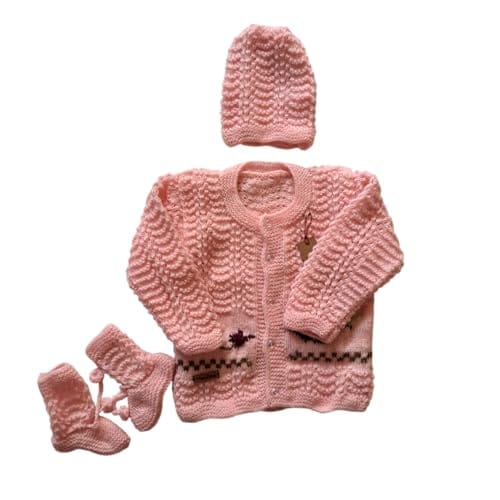 Nani dadi creation Baby Girl Handknit Sweater Set for 6-12 Months | Bird Embroidery with Cap & Booties | BABY PINK