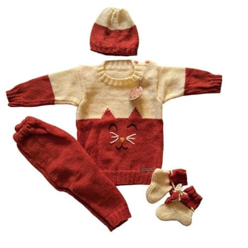 Nani dadi creation Unisex Handknitted Sweater Set for 9 Months+ | Cat Design with Cap, Booties, and Woolen Pant | ORANGE Color