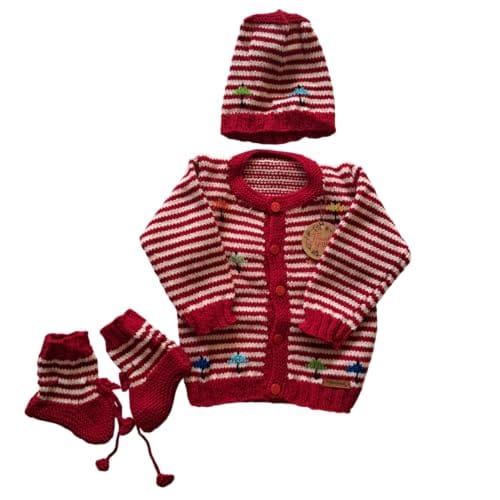 Nani dadi creation Unisex Handknitted Sweater Set for 3-6 Months | Red & White Stripes with Umbrella Embroidery | Cap & Booties Included