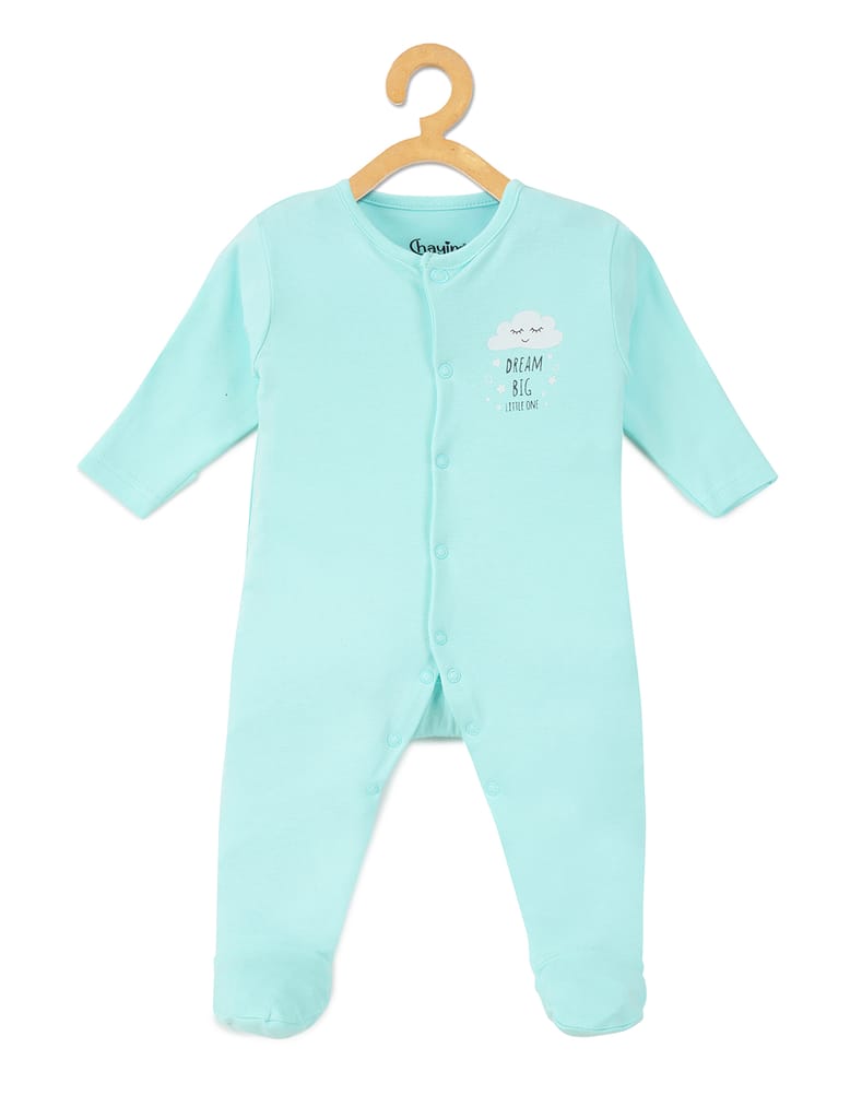 Chayim Cotton Full Sleeve Fotted Sleepsuit With Cloud Placement  Printed-Blue