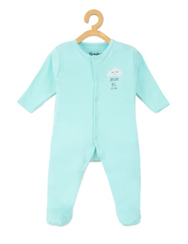 Chayim Cotton Full Sleeve Fotted Sleepsuit With Cloud Placement  Printed-Blue