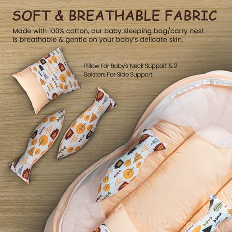 Baybee Baby Bedding Set For New Born Baby,Bed Mattress Mosquito Net,Neck Pillow & 2 Bolsters Sleeping Nest Travel Bed Infant Toddler Boy Girl 0-6 Months (Light Orange) - Cotton