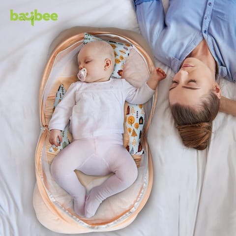 Baybee Baby Bedding Set For New Born Baby,Bed Mattress Mosquito Net,Neck Pillow & 2 Bolsters Sleeping Nest Travel Bed Infant Toddler Boy Girl 0-6 Months (Light Orange) - Cotton