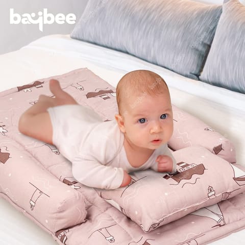 Baybee Thick New Born Baby Bedding Mattress/Gadda bed Set for Babies with 2 Side Bolster & Head Pillow | Baby Sleeping Bed for 0 to 6 months | 4 Pcs Printed baby Bedding Set for Boys Girls (Pink)