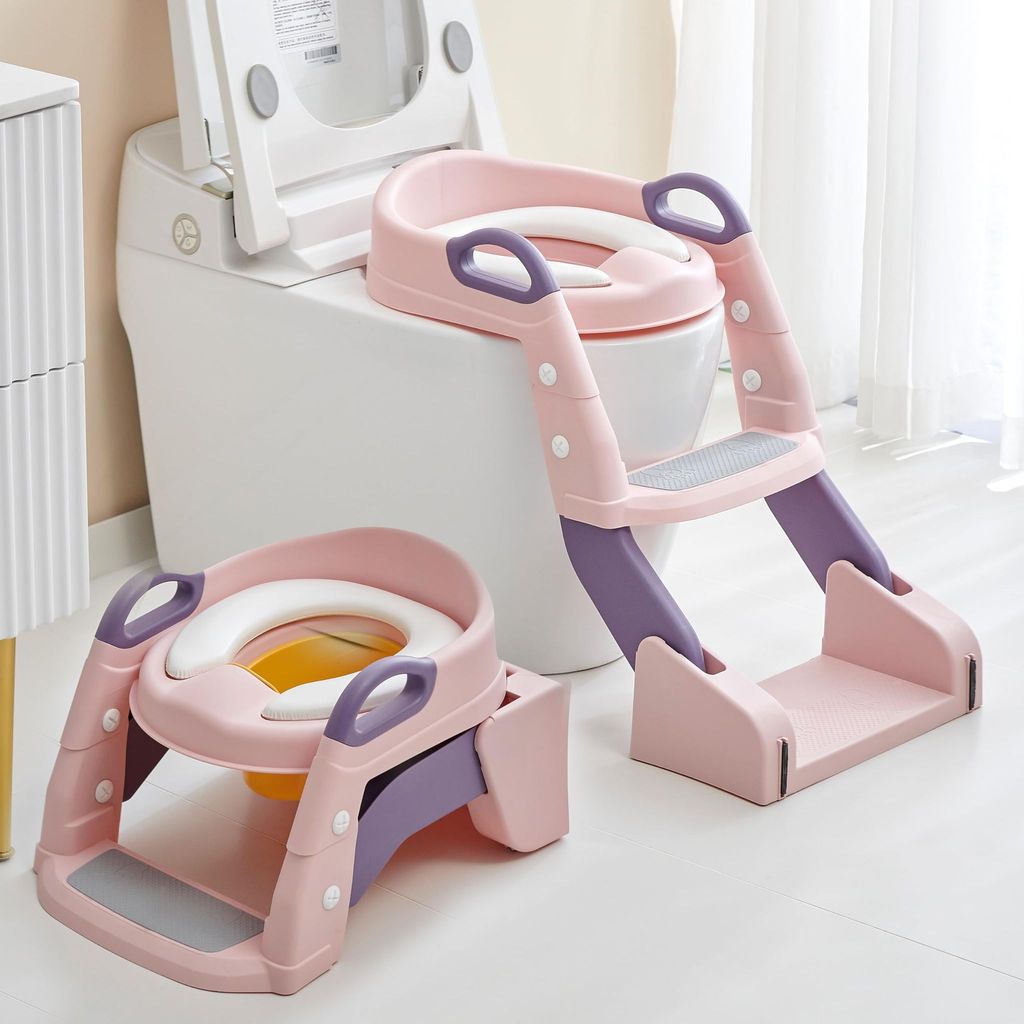 Baybee Vega 3 In 1 Western Toilet Potty Seat for Kids -  Baby Potty Training Seat Chair with Splash Guard -  Handle -  Ladder & Cushion Seat (Pink)