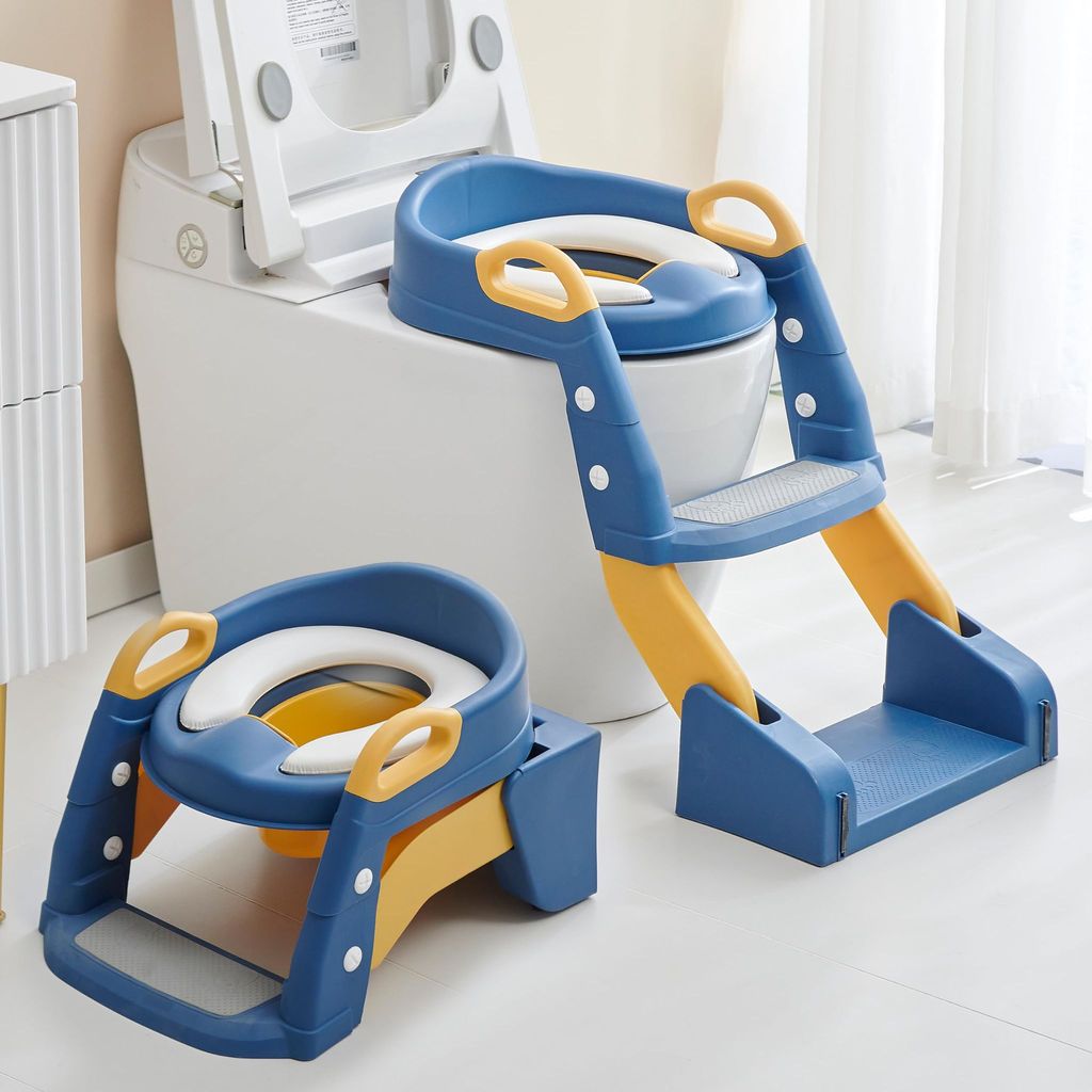 Baybee Vega 3 In 1 Western Toilet Potty Seat for Kids -  Baby Potty Training Seat Chair with Splash Guard -  Handle -  Ladder & Cushion Seat (Blue)