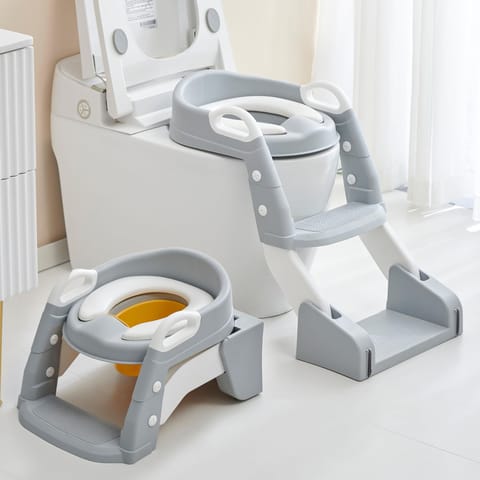 Baybee Vega 3 In 1 Western Toilet Potty Seat for Kids -  Baby Potty Training Seat Chair with Splash Guard -  Handle -  Ladder & Cushion Seat (Grey)