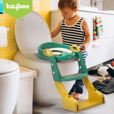 Baybee Vega 3 In 1 Western Toilet Potty Seat for Kids -  Baby Potty Training Seat Chair with Splash Guard -  Handle -  Ladder & Cushion Seat (Green)