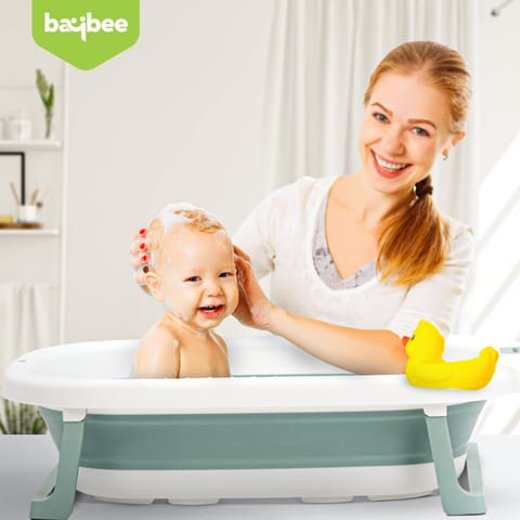 Baybee Jolly Kids Bath Tub for Baby Mini Swimming Pool for Kids, Foldable Bathtub for Baby with Anti Skid Base & Drainer | Baby Bathing Tub | Baby Bath tub for Kids 0 to 3 Years Boys Girls (Green)