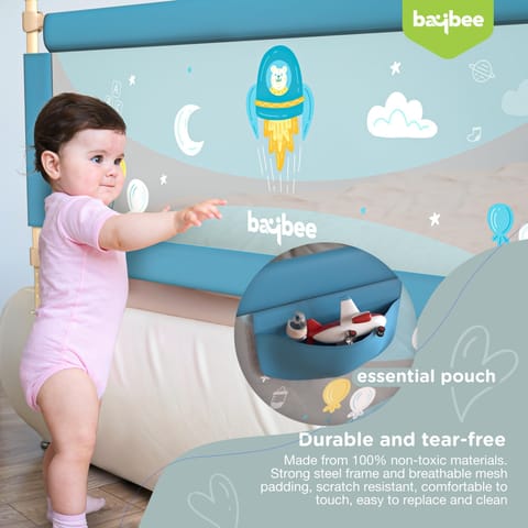 BAYBEE Baby Bed Rails Guard Barrier for Baby Kids Safety -  Foldable Bed Rail Falling Protector Fence with 7 Adjustable Height (180x63 cm -  Blue) - (Color & Design May Vary)