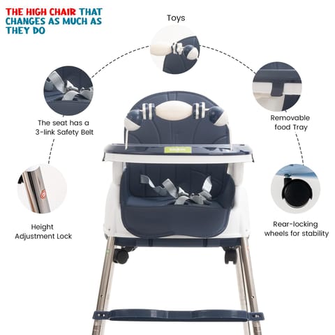 Baybee 4 in 1 Convertible High Chair for Kids with Adjustable Height and Footrest, Baby Toddler Feeding Booster Seat with Tray, Wheels, Safety Belt and Cushion, Boys & Girls 6 Months to 3 Years (Navy Blue)