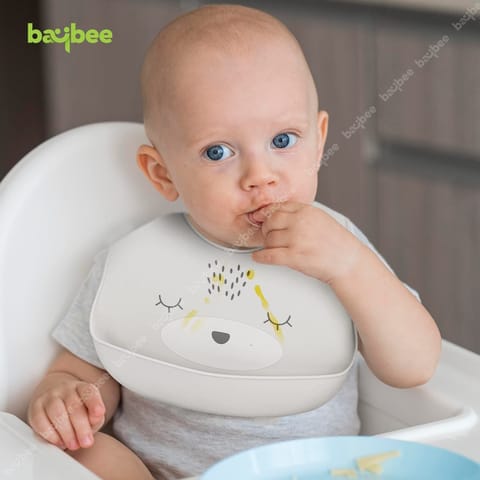 Baybee Baby Silicone Waterproof Bibs for New Born Baby with Pocket & 6 Adjustable Neckline Buttons | Baby Feeding Bib for infants & toddlers with Washable & Reusable for Boy Girl 6 to 12 months (Grey)