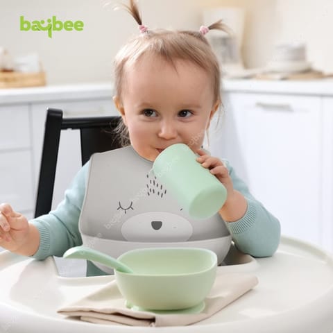 Baybee Baby Silicone Waterproof Bibs for New Born Baby with Pocket & 6 Adjustable Neckline Buttons | Baby Feeding Bib for infants & toddlers with Washable & Reusable for Boy Girl 6 to 12 months (Grey)