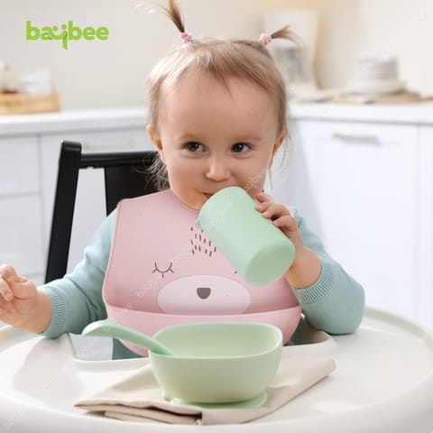 Baybee Baby Silicone Waterproof Bibs for New Born Baby with Pocket & 6 Adjustable Neckline Buttons | Baby Feeding Bib for infants & toddlers with Washable & Reusable for Boy Girl 6 to 12 months (Pink)