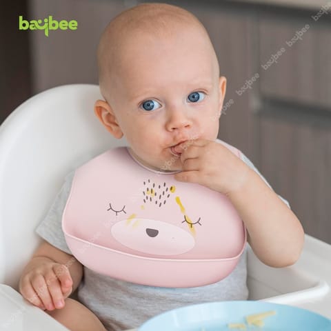 Baybee Baby Silicone Waterproof Bibs for New Born Baby with Pocket & 6 Adjustable Neckline Buttons | Baby Feeding Bib for infants & toddlers with Washable & Reusable for Boy Girl 6 to 12 months (Pink)