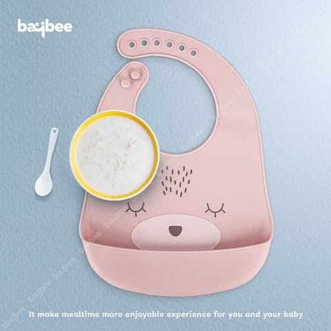 Baybee Baby Silicone Waterproof Bibs for New Born Baby with Pocket & 6 Adjustable Neckline Buttons | Baby Feeding Bib for infants & toddlers with Washable & Reusable for Boy Girl 6 to 12 months (Pink)