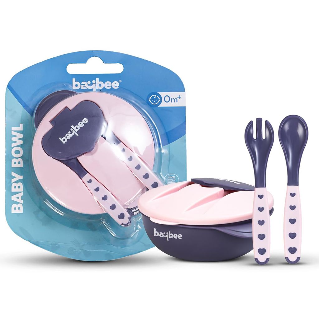 Baybee Baby Feeding Bowl with Lid, Spoon & Fork Set, for Baby Feeding, Baby Tableware Set Soft First Stage Feeding Baby Bowls Spoon Set | Baby Bowl & Spoon Set for Baby Kids (Dark Pink)