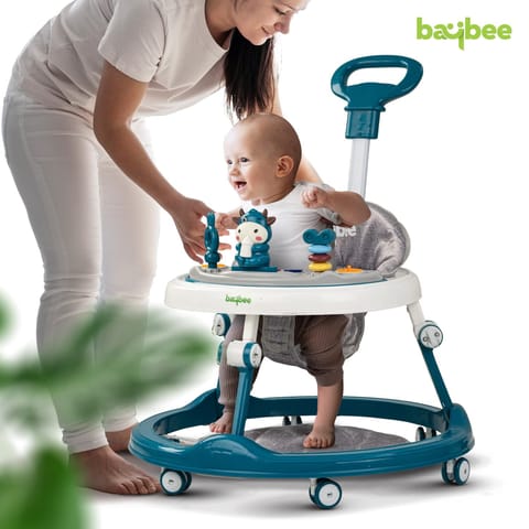 BAYBEE Moono Baby Walker For Kids, Round Kids Walker With Parental Push Handle&4 Seat Height Adjustable|Activity Walker For Baby With Musical Toy Bar&Footmat|Walker Baby 6-18 Months Boys Girls (BLUE)