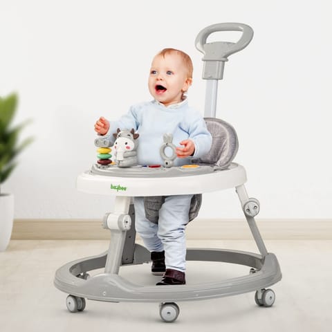 BAYBEE Moono Baby Walker For Kids, Round Kids Walker With Parental Push Handle&4 Seat Height Adjustable|Activity Walker For Baby With Musical Toy Bar&Footmat|Walker Baby 6-18 Months Boys Girls (GREY)