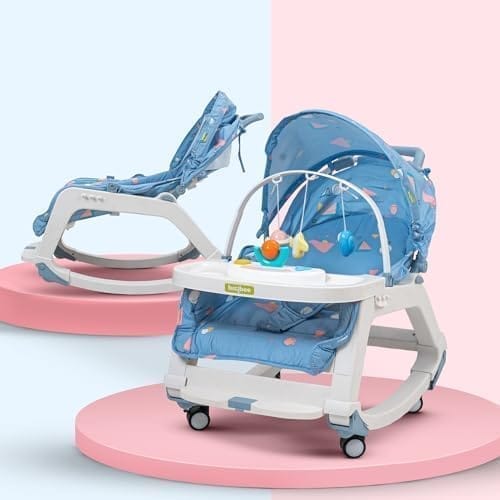 Baybee 5 in 1 Baby Rocker and Booster Seat for Babies with Multi Position Recline | Rocking Chair for Kids with Hanging Toys, Music | Baby Dining Seat for 0 to 2 Years Boys Girls (Blue)