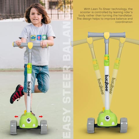 Baybee Maxi Kick Scooter for Kids, 3 Wheel Kids Scooter with 3 Height Adjustable Handle, Skate Scooter with Led PU Wheels & Rear Brake, Runner Scooter for Kids 2 to 10 Years Boys Girls (Green)