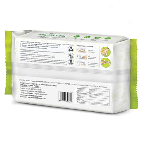 Sirona BodyGuard Premium Paraben Free Baby Wet Wipes with Aloe Vera - 72 Wipes