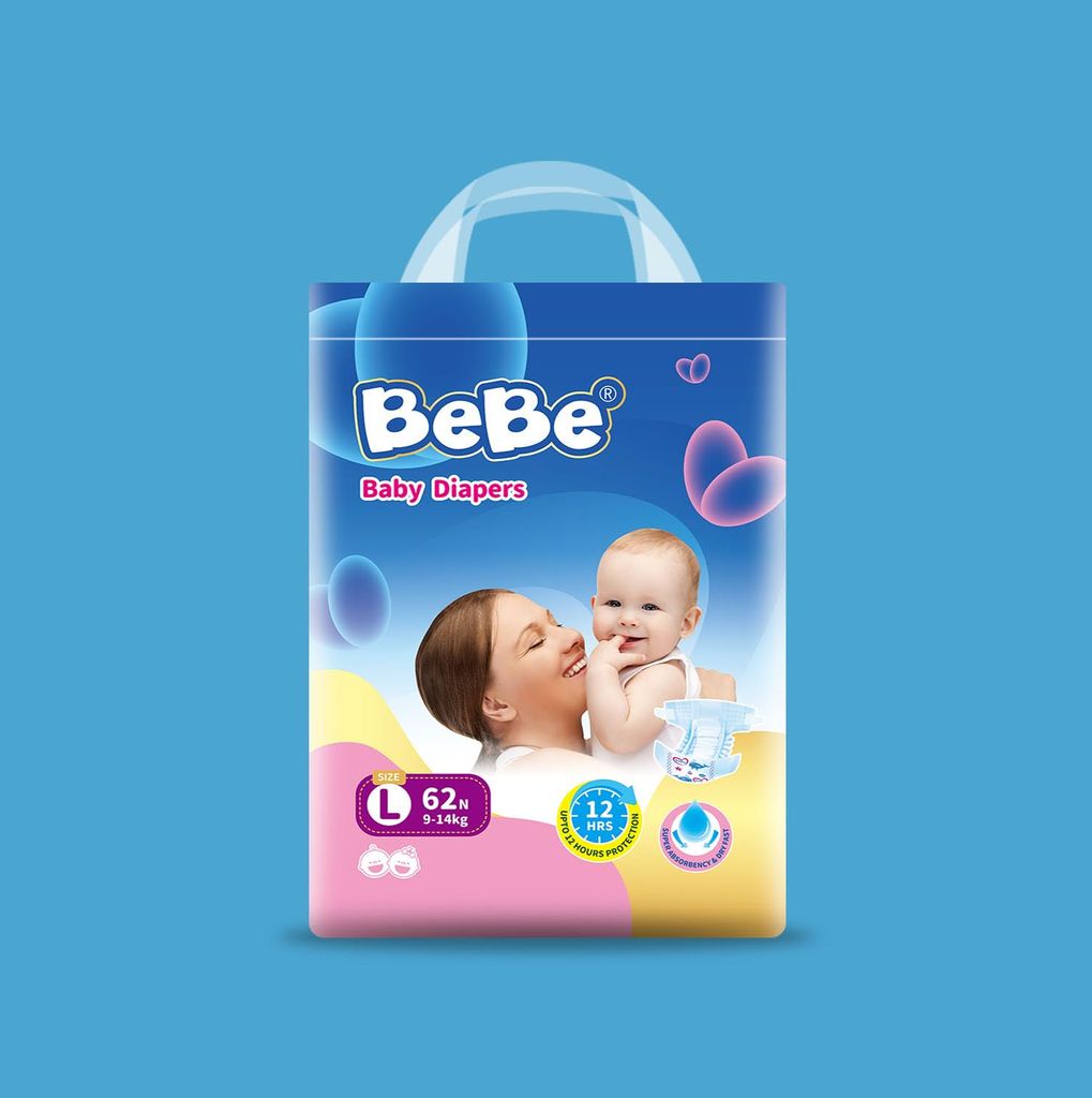 BeBe Baby Diaper Large, 9-14 Kg Triple Leakage Protection & Extra Comfort,(62 Piece)